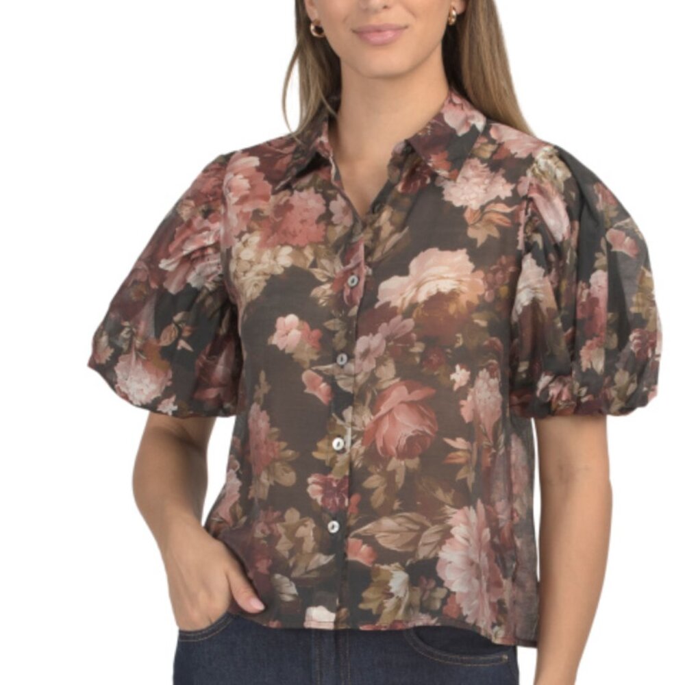 Brown Floral Puff-Sleeve Button-Down Shirt